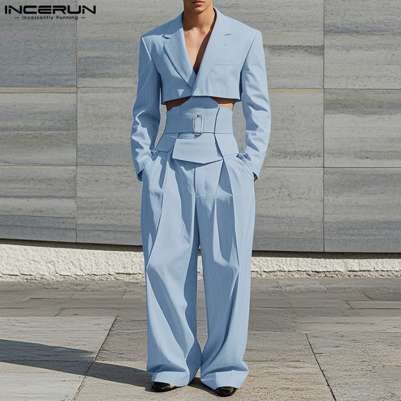 Retro Track Pant - INCERUN เสื้อกันหนาว 2025 แฟชั่นสไตล์อเมริกันชุดผู้ชาย Cropped เข็มขัดออกแบบชุดขากว้างยาวกางเกงสบายๆ
