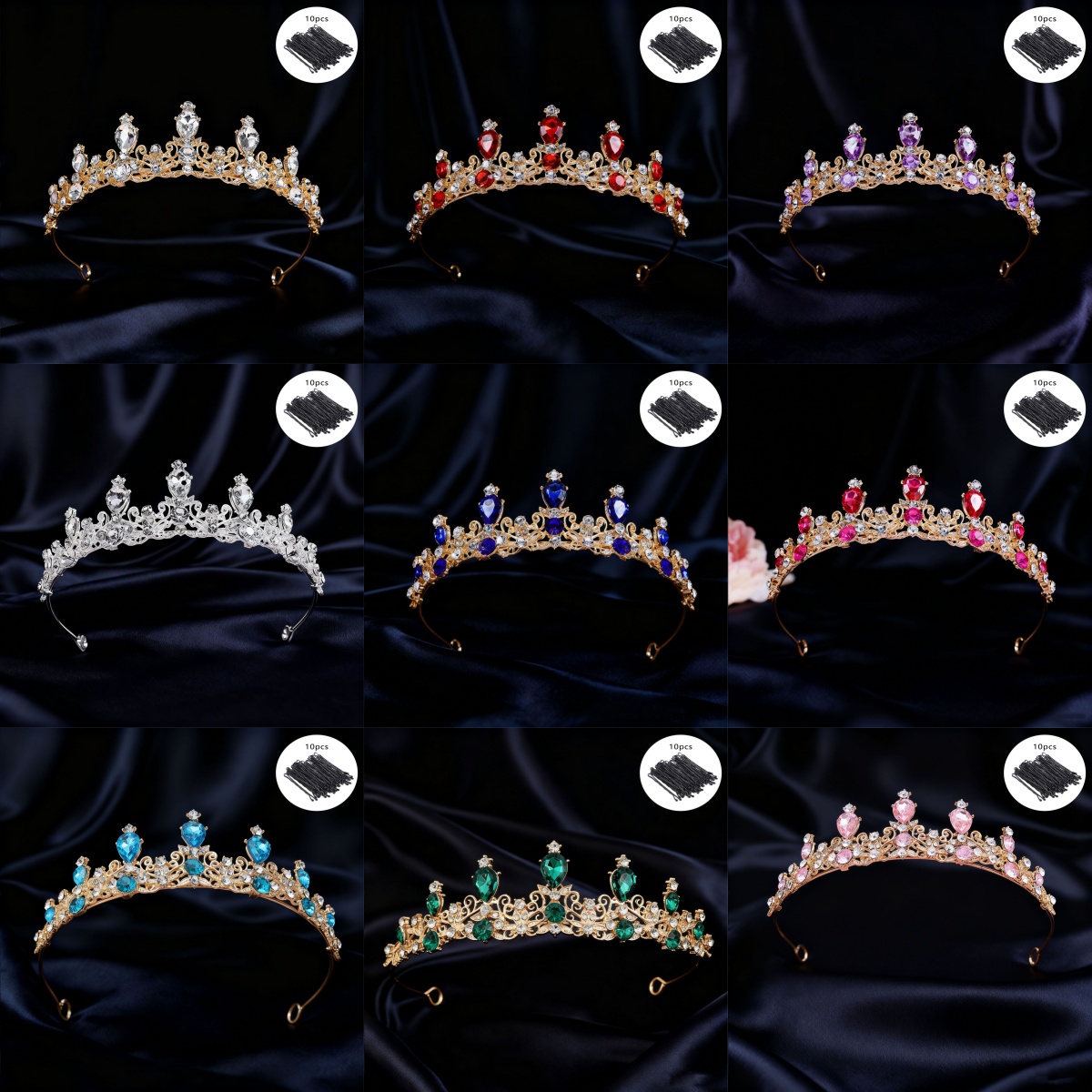Vintage Fashion Queen - มงกุฎเจ้าสาวแบบวินเทจประดับเพชรพลอย 10 ชิ้น พร้อมกิ๊บติดผม ประดับศีรษะสวยหรูระยิบระยับ สำหรับงานแต่งงาน