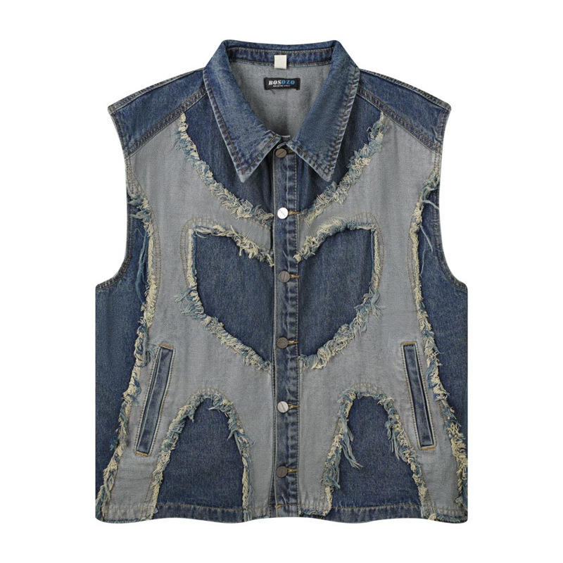 Patchwork Jean Jacket - เสื้อแจ็คเก็ตยีนส์แบบไม่มีแขนสไตล์ยุโรปและอเมริกา ทรงครอป ทรงหลวม สไตล์วินเทจ ลุคยีนส์ฟอก ขอบดิบ