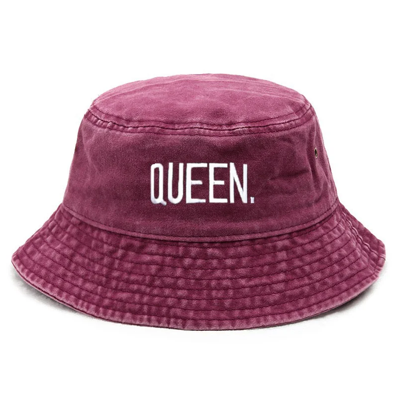 Vintage Fashion Queen - หมวกบักเก็ตวินเทจแบบควีนวอช ปรับแต่งได้ หมวกปักลายตัวอักษรคู่รัก สไตล์ฮิปฮอป หมวกแฟชั่นผ้าฝ้ายสำหรับกิจกรรมกลางแจ้ง หมวกตกปลา