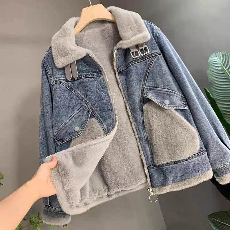 Patchwork Jean Jacket - Faux Mink กํามะหยี่เย็บ DENIM แจ็คเก็ตผู้หญิงขนแกะเบาะแจ็คเก็ตหลวม Jean
