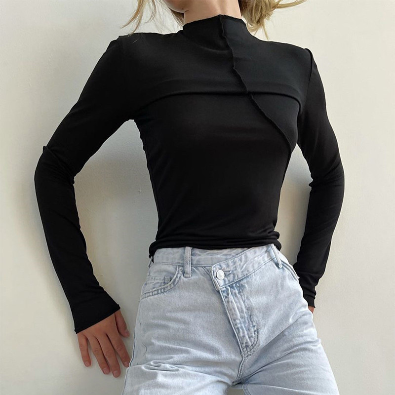 Turtleneck Knit 90S - เสื้อยืดคอเต่าแขนยาวสไตล์วินเทจ Y2K สำหรับผู้หญิง สีขาว ดำ เทา