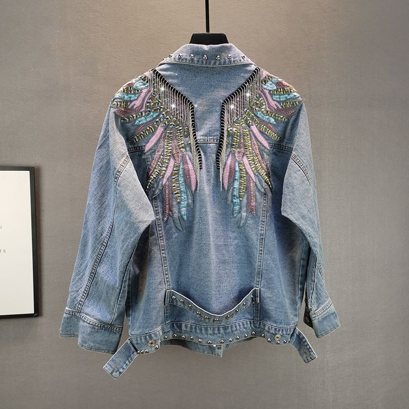 Patchwork Jean Jacket - แจ็กเก็ตยีนส์แขนยาวสำหรับผู้หญิงแจ็กเก็ตเสื้อโค้ทผ้าเดนิมพู่ประดับลูกปัด Mantel Jin ใหม่ฤดูใบไม้ร่วง2024