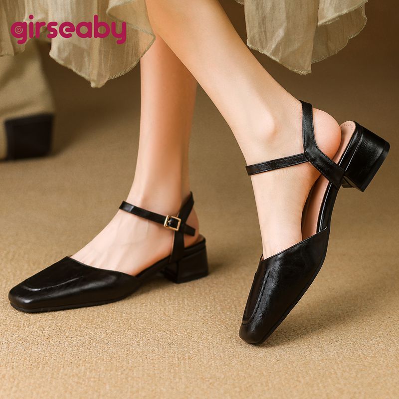 Vintage Fashion Female - Girseaby 2025 รองเท้าแตะหญิงสแควร์Toeส้นหนา 3.5 ซม.สายคล้องคอVINTAGEทุกวันฤดูร้อนรองเท้าขนาด 41