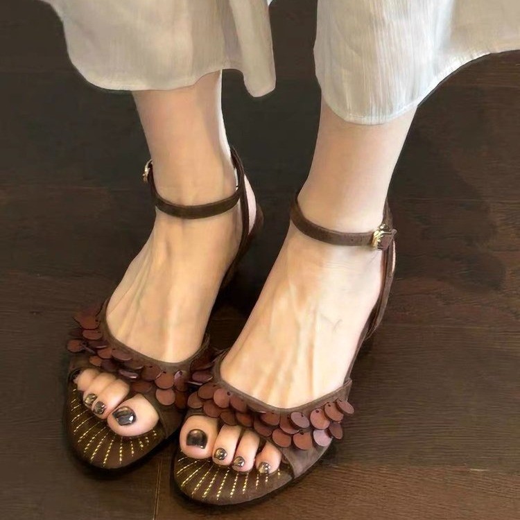Vintage Fashion Female - รองเท้าแตะผู้หญิงแบบสวมประดับมุก ส้นเข็ม สไตล์วินเทจ สำหรับฤดูร้อน