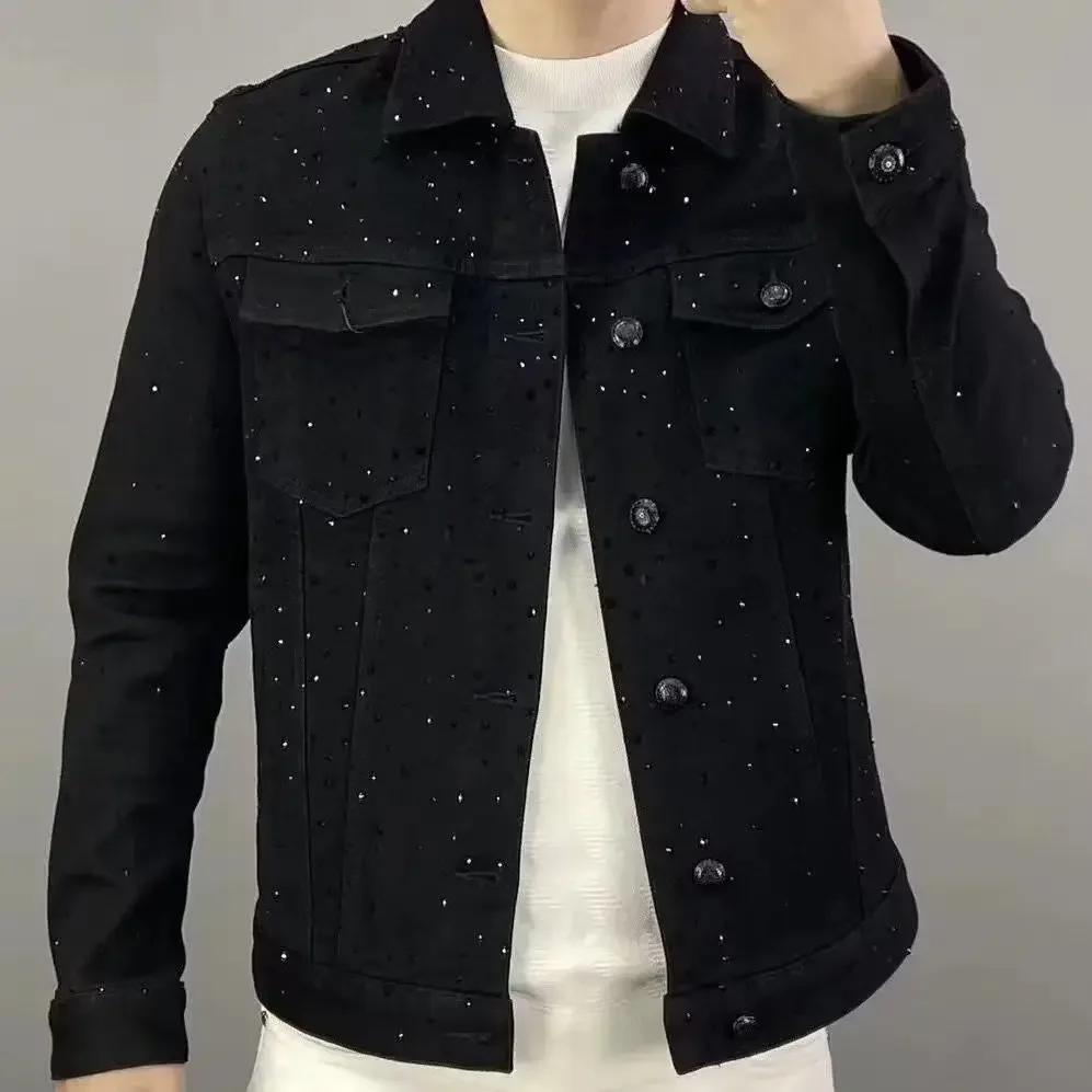 Patchwork Jean Jacket - กางเกงยีนส์สําหรับชายปุ่ม Casual Slim สั้น DENIM แจ็คเก็ต