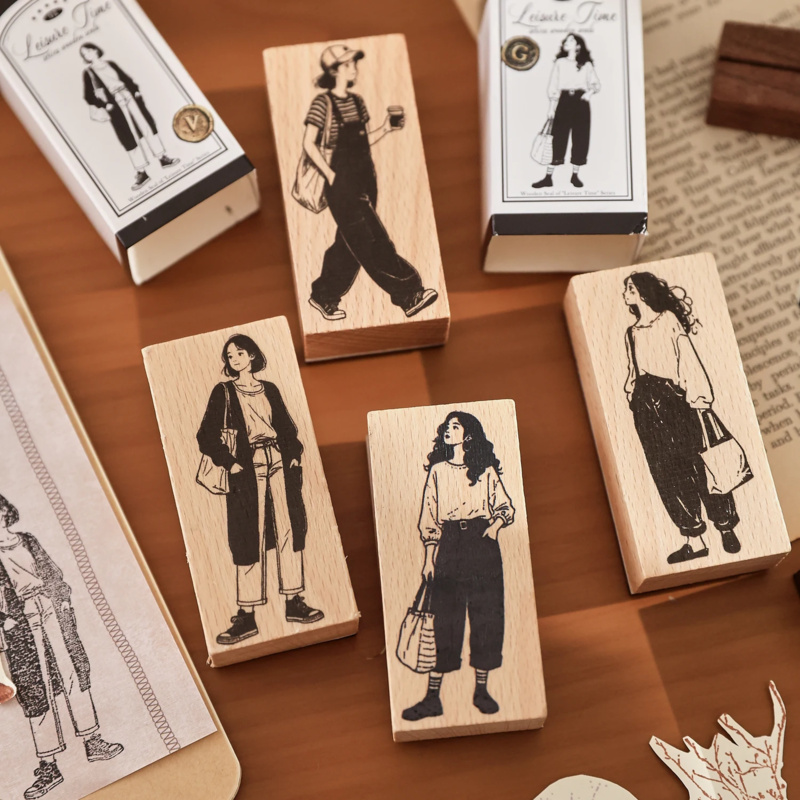 Vintage Fashion Journal - แสตมป์ไม้ลายสาวแฟชั่นสร้างสรรค์ ลายพืชวินเทจ แสตมป์ยางสำหรับงาน DIY สมุดภาพ แสตมป์ลายพืชไม้มาตรฐาน
