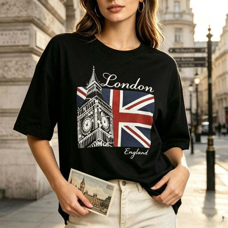 Vintage Fashion London - เสื้อยืดพิมพ์ลายหน้าบิ๊กเบน ลอนดอน อังกฤษ ผ้าฝ้าย 100% แขนสั้นสำหรับผู้หญิง