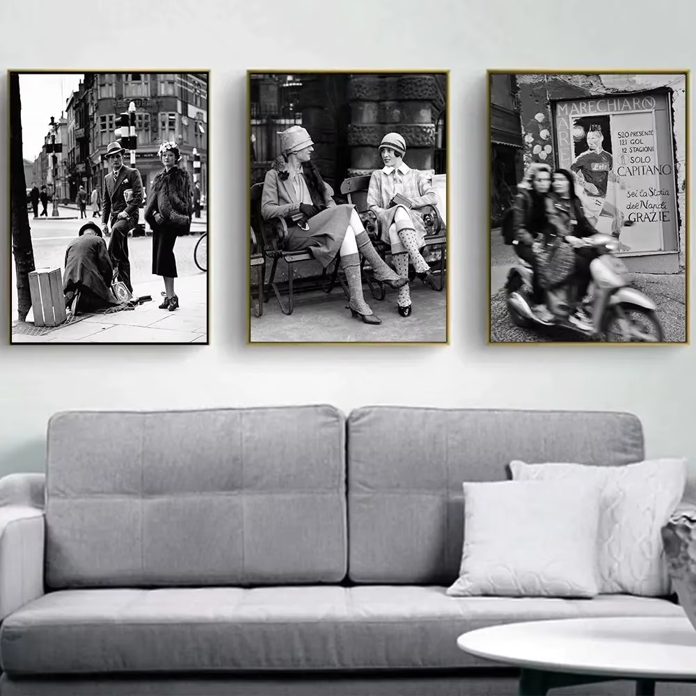 Vintage Fashion Paris - แฟชั่นสีดำและสีขาววินเทจภาพพิมพ์การถ่ายภาพอิตาลีปารีสสตรีทโปสเตอร์ศิลปะบนกำแพงภาพวาดผ้าใบภาพตกแต่งห้องนั่งเล่น