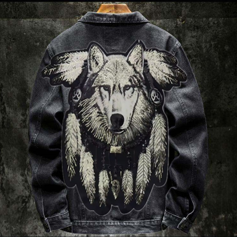 Patchwork Jean Jacket - อเมริกา Vintage Heavy Wolf ปักกางเกงยีนส์ชายเสื้อ Hip