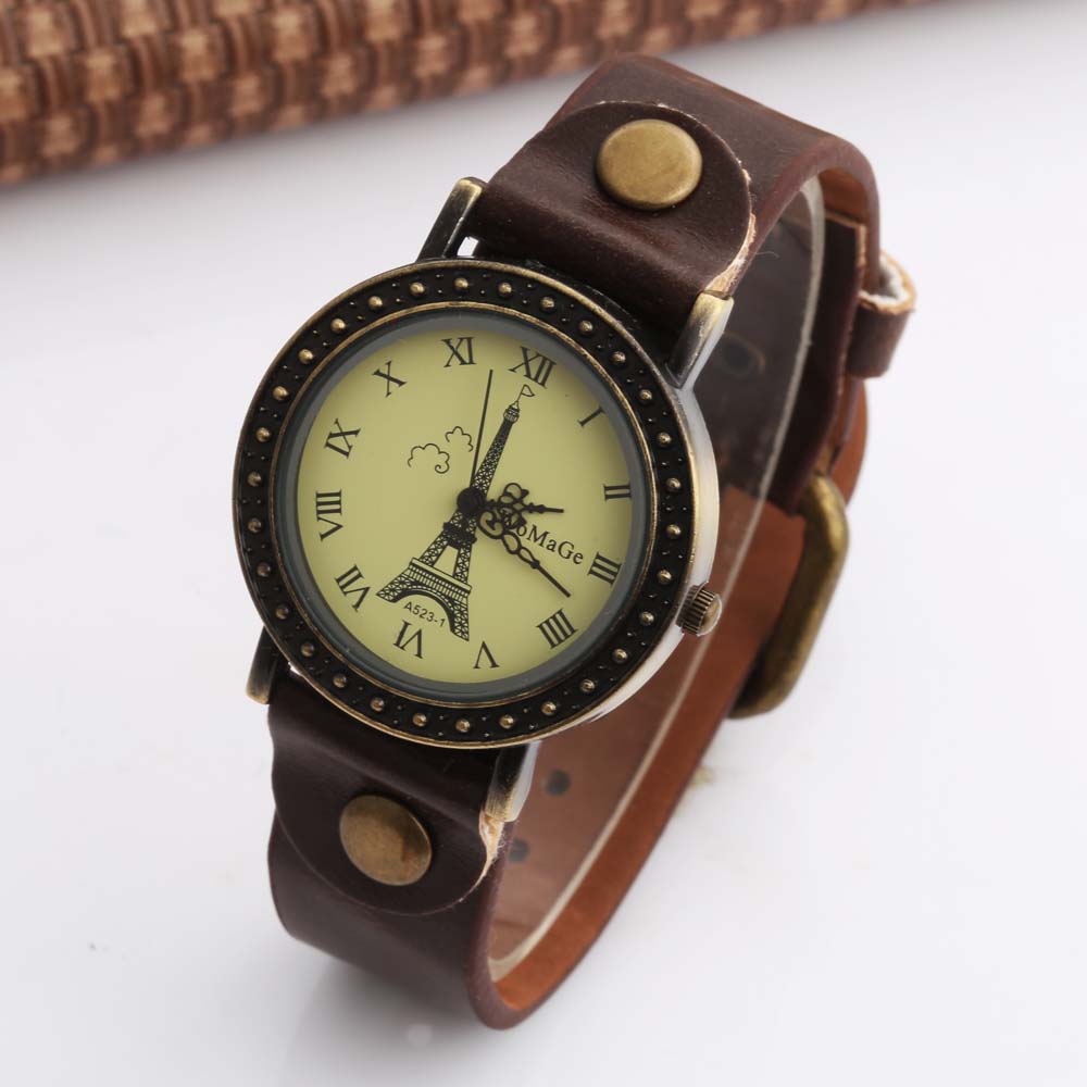 Vintage Fashion Paris - สตรีนาฬิกาแฟชั่นผู้หญิงสายรัดนาฬิกาหนังควอตซ์นาฬิกา Paris Eiffel Tower นาฬิกา Montre