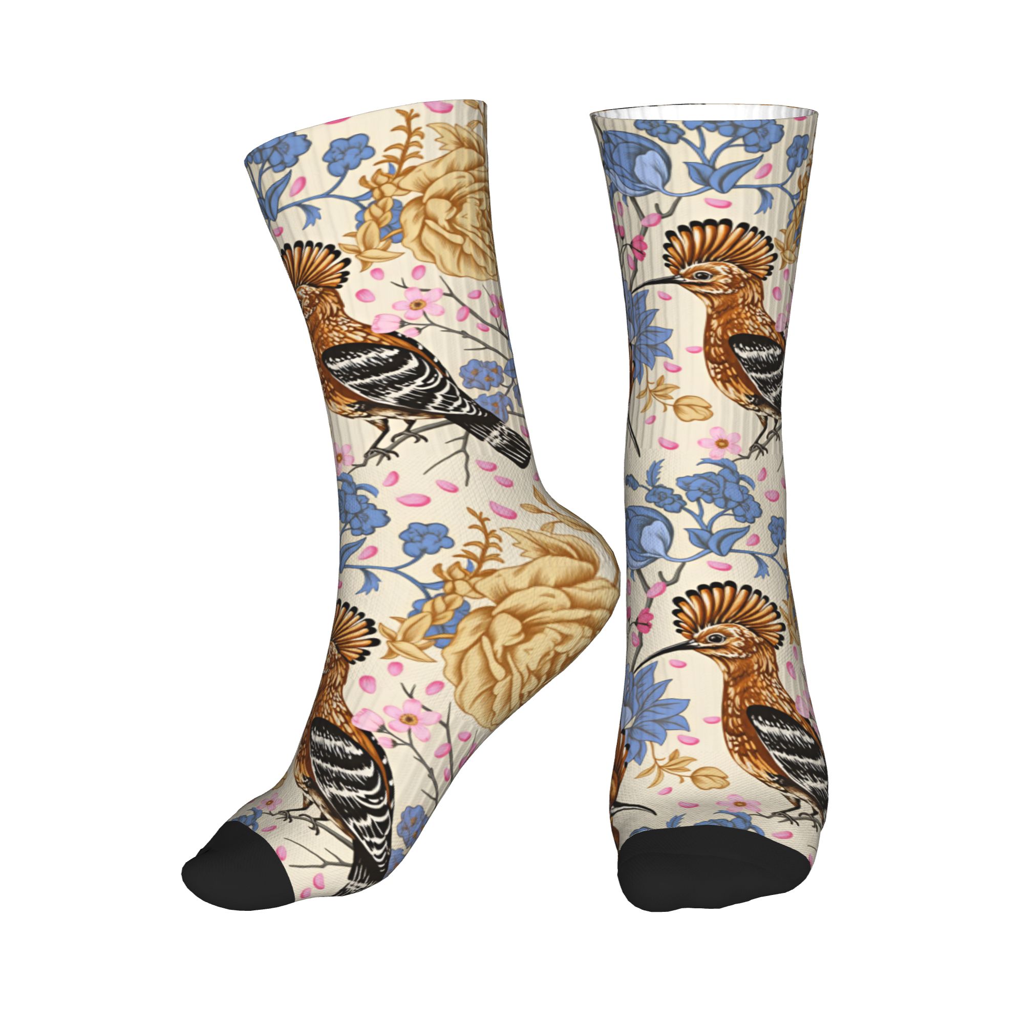 Vintage Fashion Dress - Hoopoe Bird Blue Peony ถุงเท้าลายดอกไม้วินเทจ ถุงเท้าแฟชั่นสำหรับผู้ชายและผู้หญิง