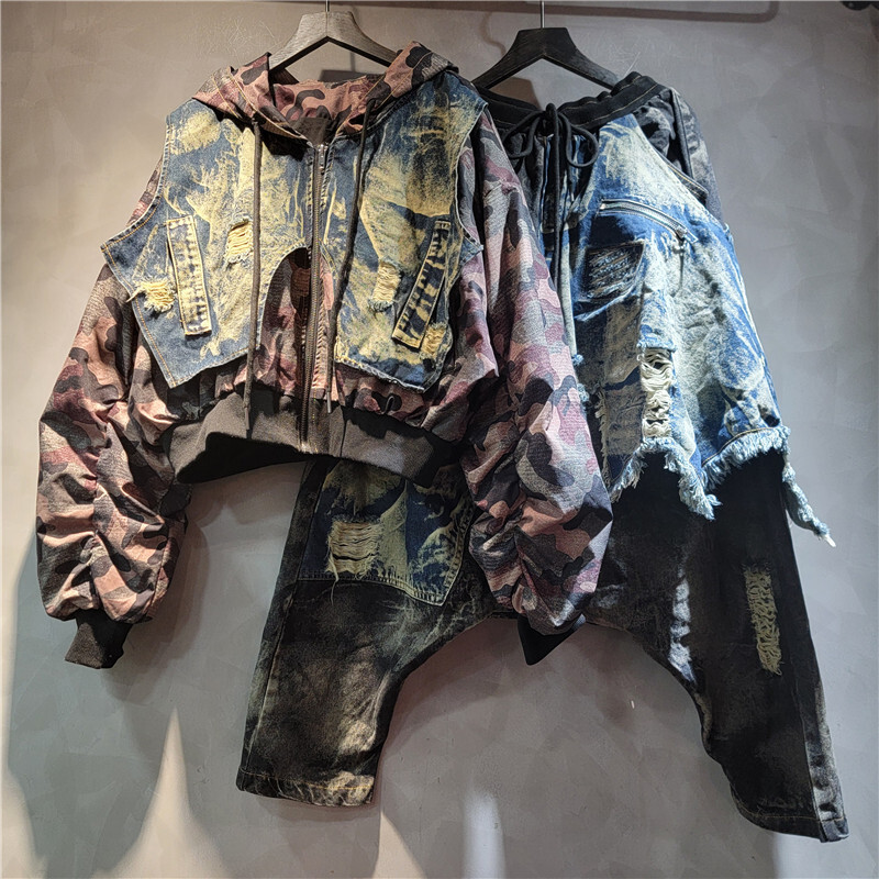 เสื้อแจ็คเก็ตยีนส์ทรงหลวมมีฮู้ - Patchwork Jean Jacket บทวิจารณ์และราคา