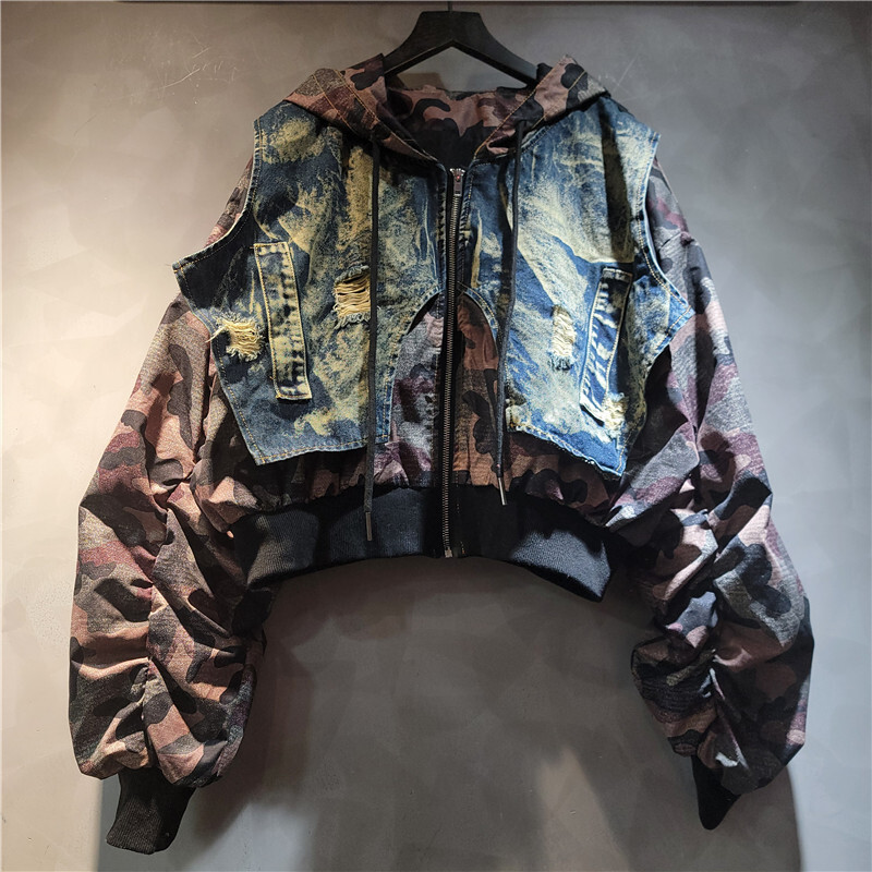 เสื้อแจ็คเก็ตยีนส์ทรงหลวมมีฮู้ - Patchwork Jean Jacket บทวิจารณ์และราคา