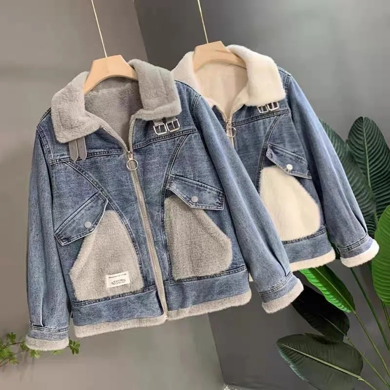 Faux Mink กํามะหยี่เย็บ DENIM  - Patchwork Jean Jacket บทวิจารณ์และราคา