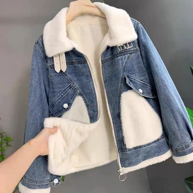 Faux Mink กํามะหยี่เย็บ DENIM  - Patchwork Jean Jacket บทวิจารณ์และราคา