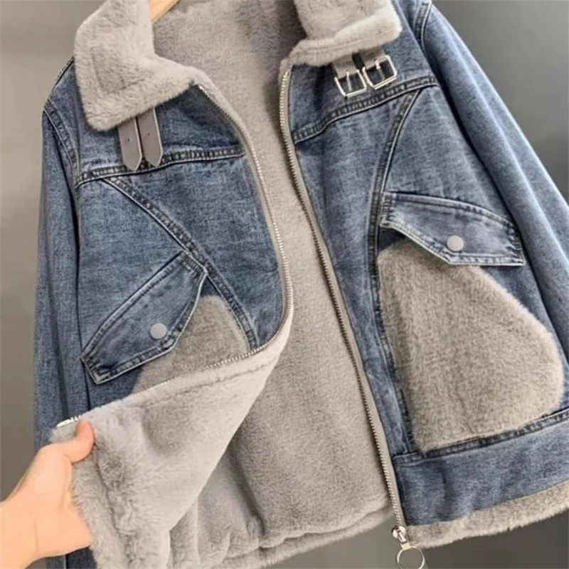 Faux Mink กํามะหยี่เย็บ DENIM  - Patchwork Jean Jacket บทวิจารณ์และราคา
