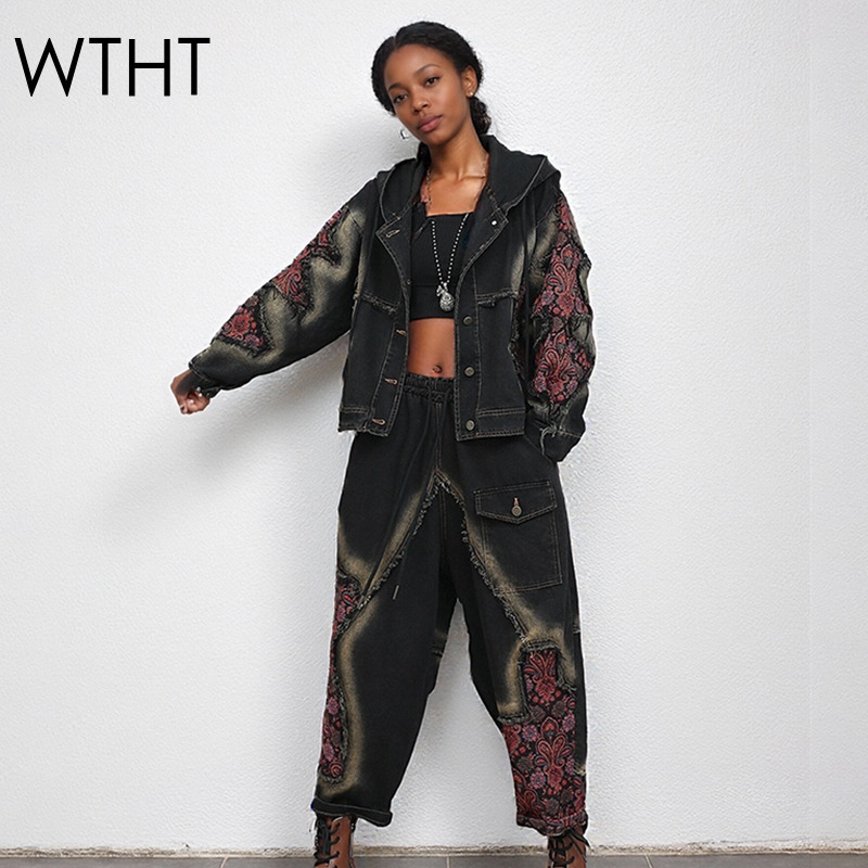 เสื้อแจ็คเก็ตยีนส์ผู้หญิง WTHT - Patchwork Jean Jacket บทวิจารณ์และราคา