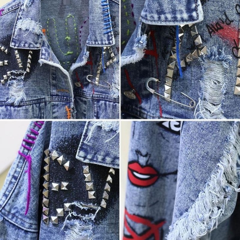 แจ็คเก็ตยีนส์สั้นสไตล์กราฟฟิตี - Patchwork Jean Jacket บทวิจารณ์และราคา