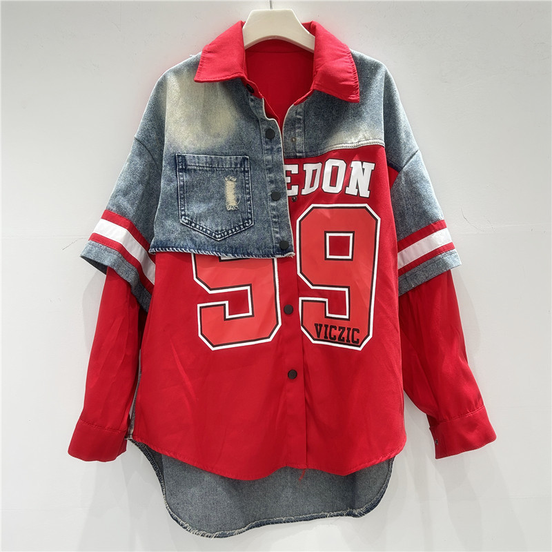 เสื้อแจ็คเก็ตยีนส์สไตล์เรโทรสำ - Patchwork Jean Jacket บทวิจารณ์และราคา