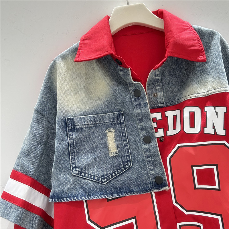 เสื้อแจ็คเก็ตยีนส์สไตล์เรโทรสำ - Patchwork Jean Jacket บทวิจารณ์และราคา