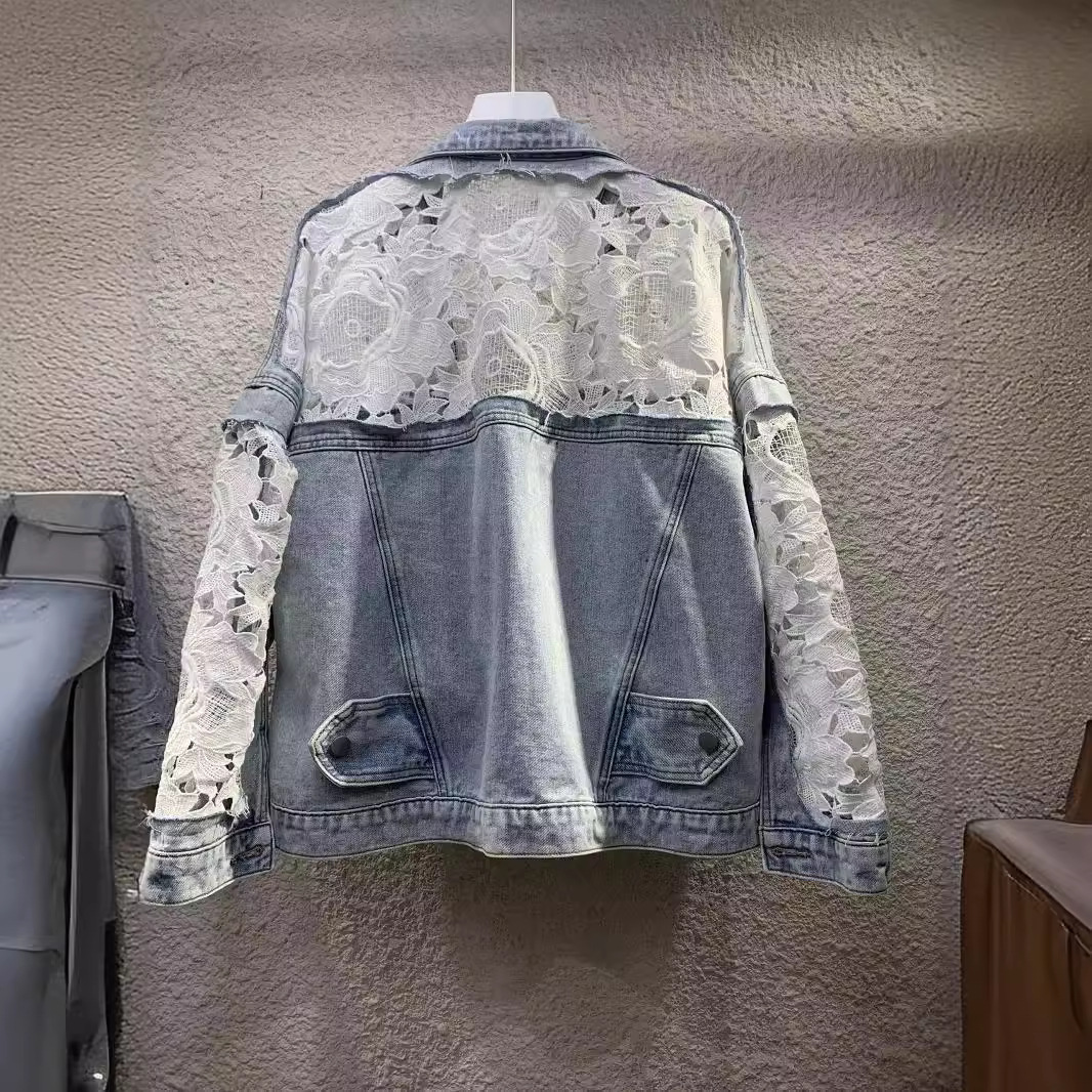 เสื้อนอกกระดุมแถวเดียวทรงหลวมเ - Patchwork Jean Jacket บทวิจารณ์และราคา
